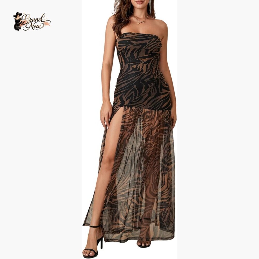 Strapless Backless Mesh Patchwork Maxi Dress With… - image 1